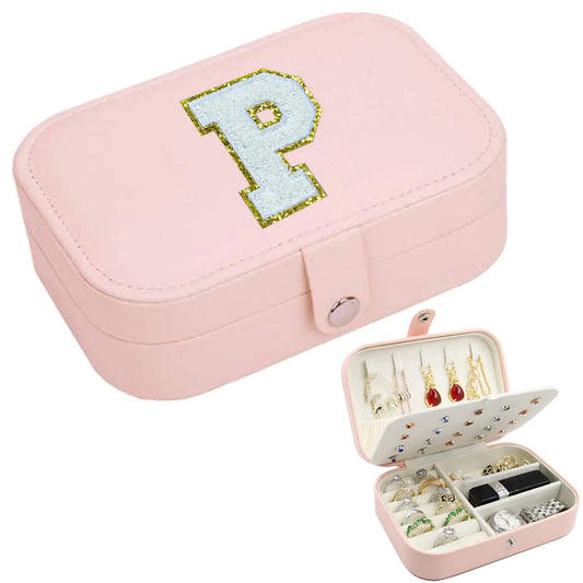 Evemri Monogram Letter Initial Jewelry Box Travel Jewelry Organizer Cases with Double Layer Personalized Gifts for Women’s Necklace Earrings Rings Jewelry Holder Organizer (P)
