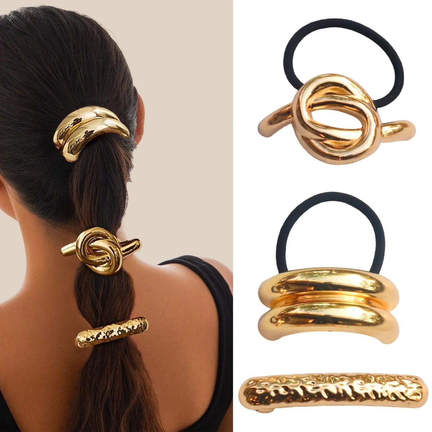 Metal Hair Ties Ponytail Holders Hair Cuff Gold Hair Cuff Geometric Elastic Hair Tie Gold Ponytail Cuff Hair Elastic Hair Bands Fashion Hair Accessories for Women 3 PCS